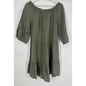 Terzo Millennio Dress Womens Size M Olive Green 100% Linen Crochet Lace Tiered
